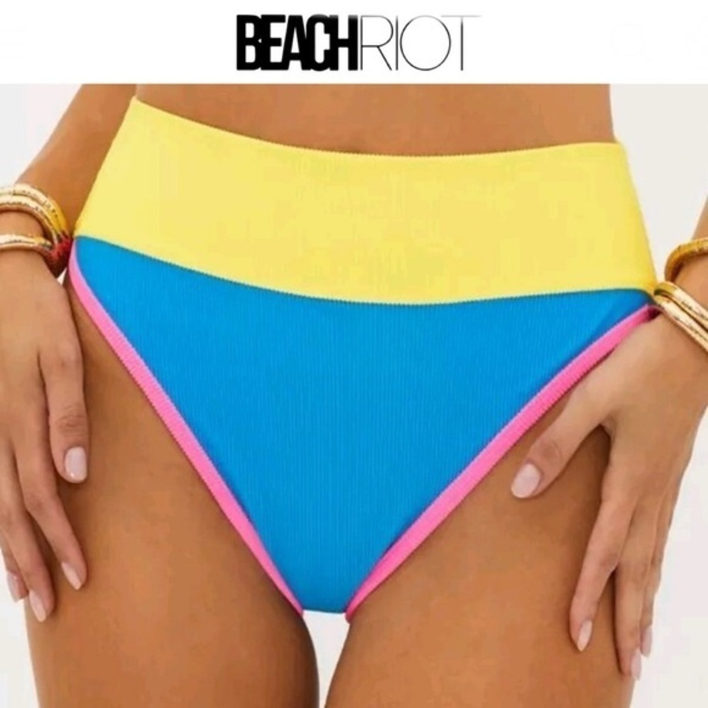Beach Riot Emmy Bikini Bottoms Coral Reef Colorblock Blue Soft Yellow Sz M NWT